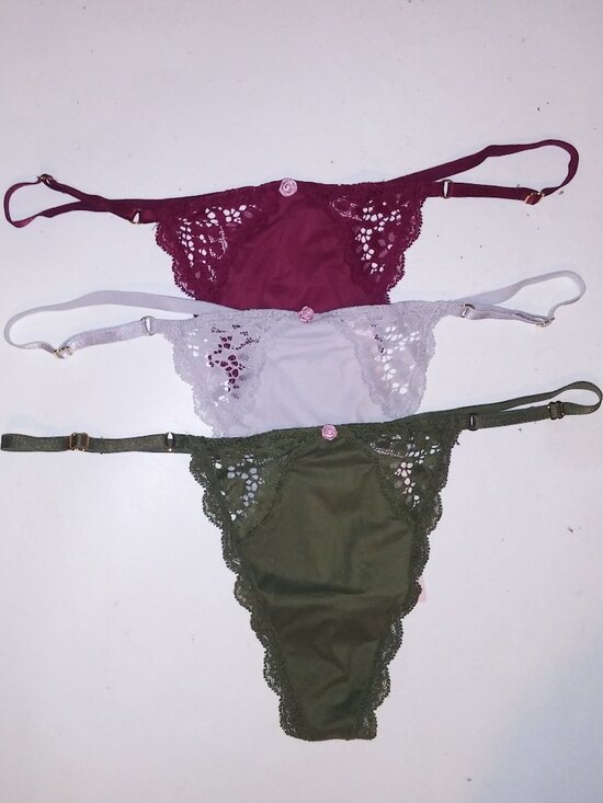 Victoria's Secret Panty Set of 3 Thong V String Burgundy Green Gray Lace  Solid - Picture 1 of 7